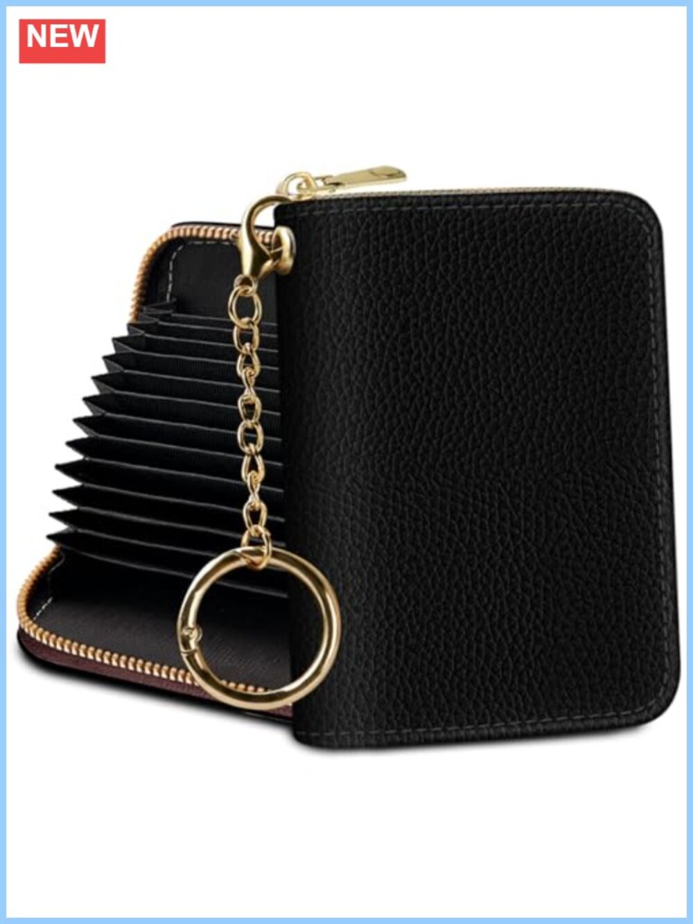 RFID Credit Card Holder Keychain Wallet Zipper PU Leather 12 Card Slots